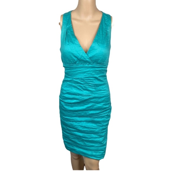 NICOLE MILLER Ruched Waist Bodycon Cocktail Dress Size 4 Cyan Teal Wedding EUC - Picture 3 of 14